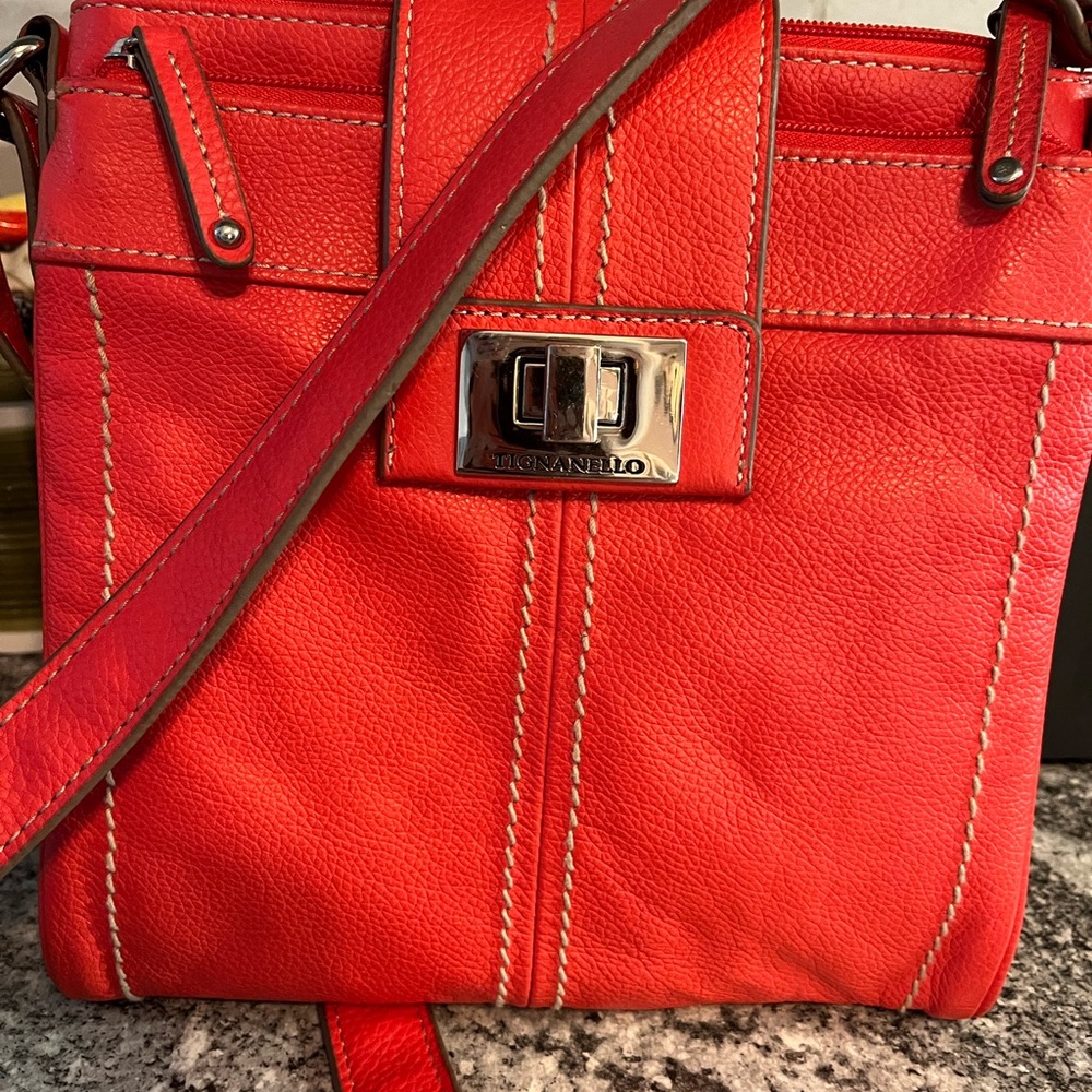 Tignanello Red Pebbled Leather Organizer Cross Body Handbag Purse
